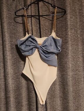 Bodysuit with Blue Bow Accent, Gold Chain Straps